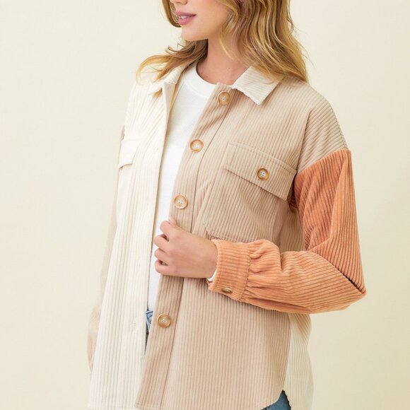 MYSTREE Colorblock Corduroy Shacket, Neutral Beige Cream Camel Button-Up Jacket - Picture 4 of 7